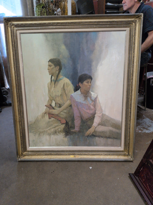 LARGE FRAMED OIL PAINTING OF A BOY AND GIRL SIGNED KENNETH RILEY