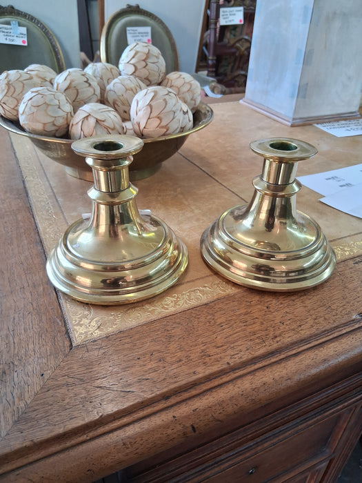 PAIR OF LOW BRASS CANDLE HOLDERS