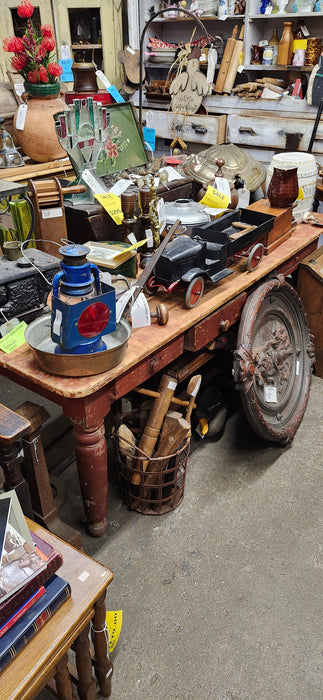 19TH CENTURY PAINTED RED PINE TABLE WITH DRAWER