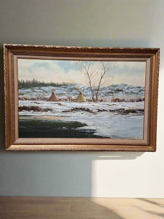 LARGE GILT FRAMED OIL PAINTING OF INDIAN INCAMPMENT SIGNED THOMAS DE DECKER