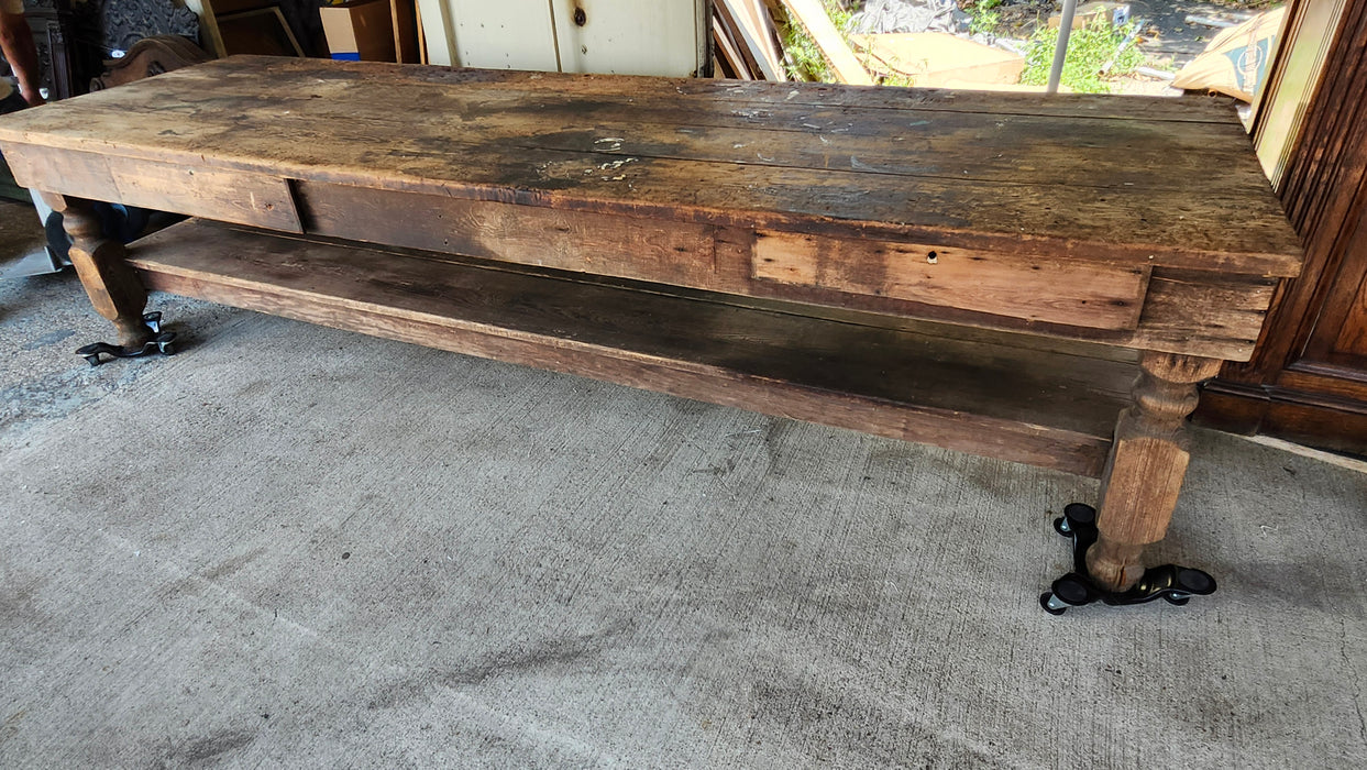 LONG LOW WORK TABLE WITH DRAWERS AND STRETCHER SHELF