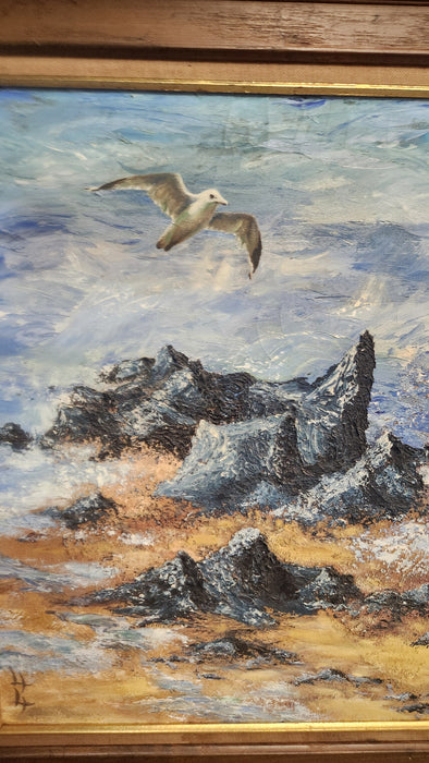 "THE GULL" MEDIUM OAK FRAMED IMPASTO SEASCAPE OIL PAINTING WITH SEAGULL - SIGNED LILI GORDON