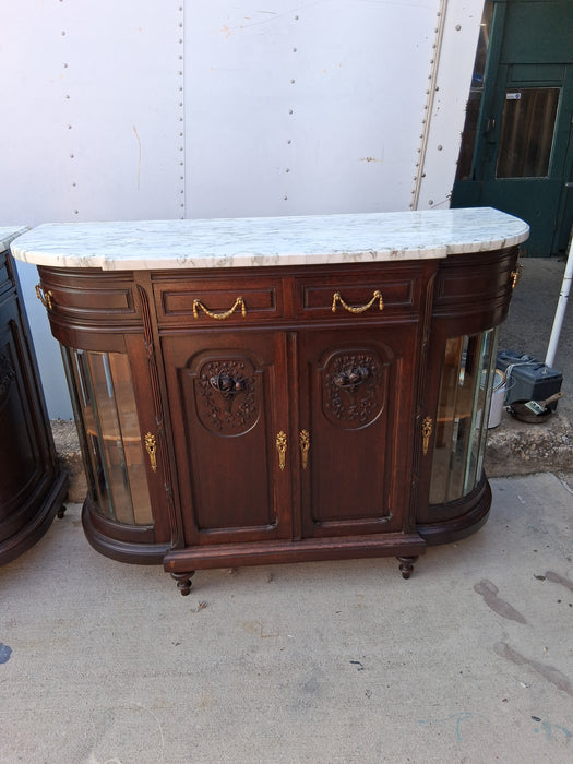 LOUIS XVI WHITE MARBLE TOP CURVED SERVER WITH GLASS DOORS