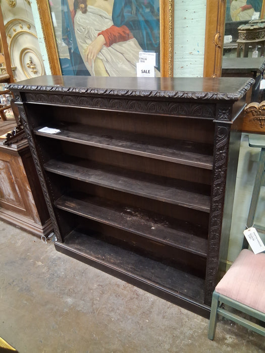 DARK OAK CARVED OPEN BOOKCASE