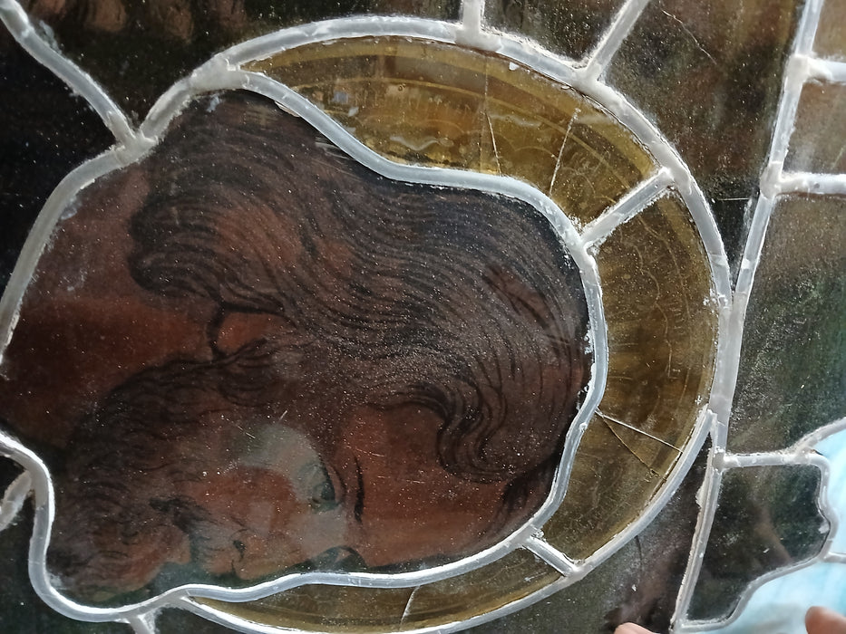 LARGE PAINTED AND STAINED GLASS WINDOW WITH WITH JOSEPH WITH LILY AD SQUARE  AS FOUND