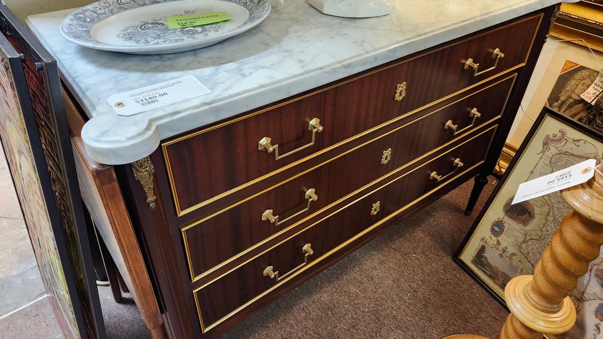 LOUIS XVI WHITE MARBLE TOP LOW 3 DRAWER MAHOGANY CHEST WITH BRASS TRIM