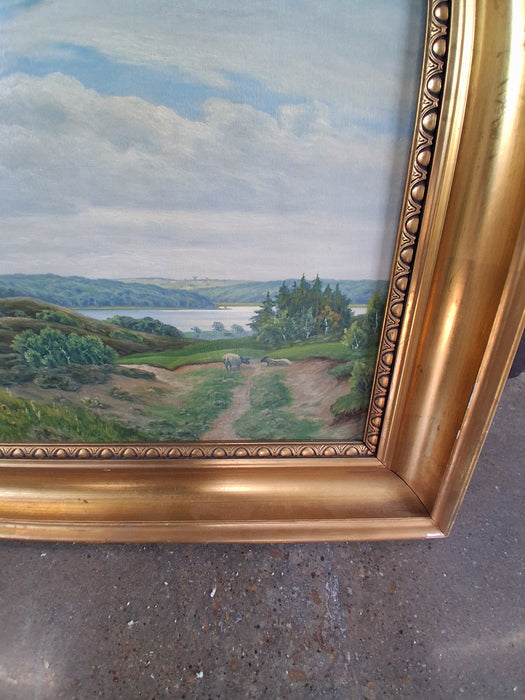 TURN OF THE CENTURY PASTORAL PAINTING OF LAKE AND COWS