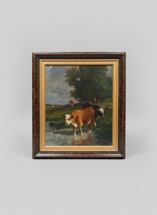 FRAMED 19TH CENTURY COWS OIL PAINTING SIGNED J. BERCUM