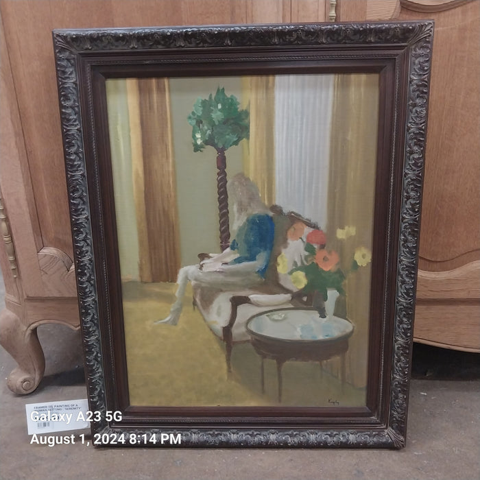 FRAMED OIL PAINTING OF A WOMAN SETTING- "SERENITY"