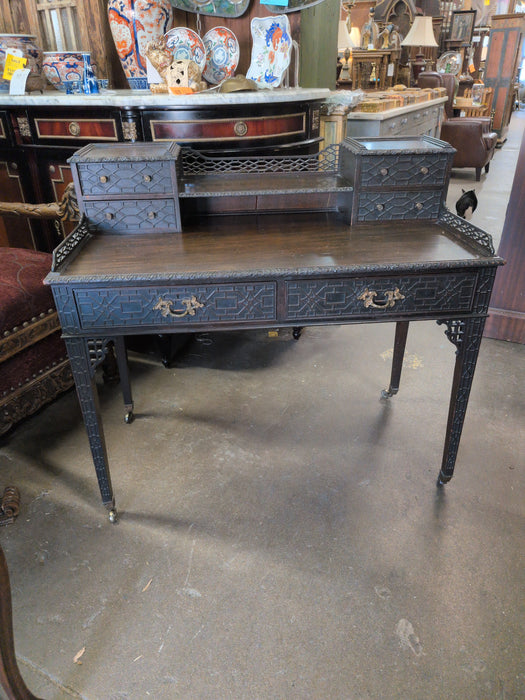 CHINESE CHIPPENDALE ORNATELY CARVED MAHOGANY DESK WITH UPPER DRAWERS AND GALLERY