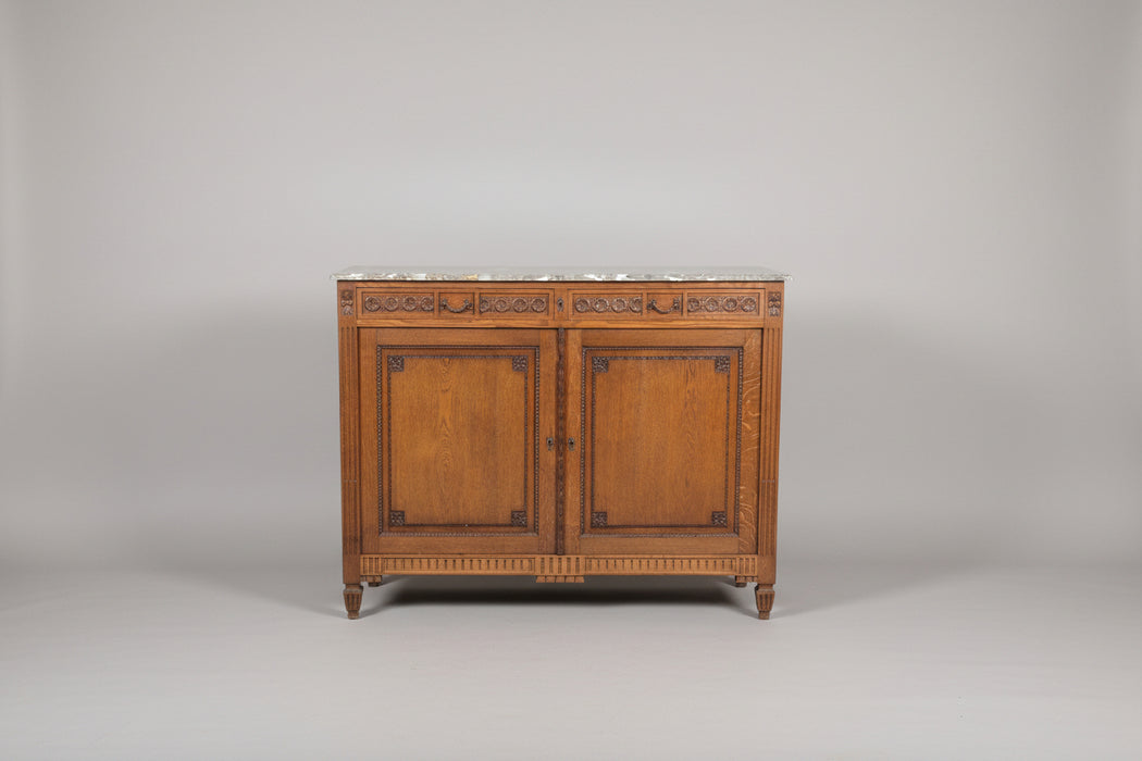 LOUIS XVI MARBLE TOP OAK SIDEBOARD WITH MIRROR