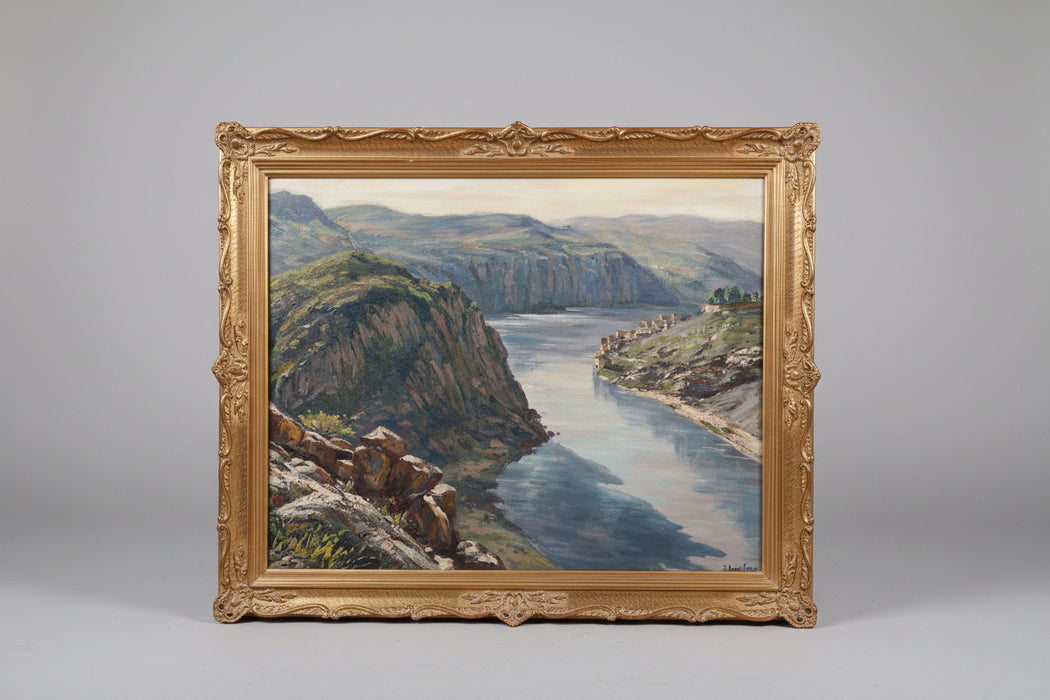 LARGE FRAMED FABULOUS LANDSCAPE OIL PAINTING WITH A RIVER
