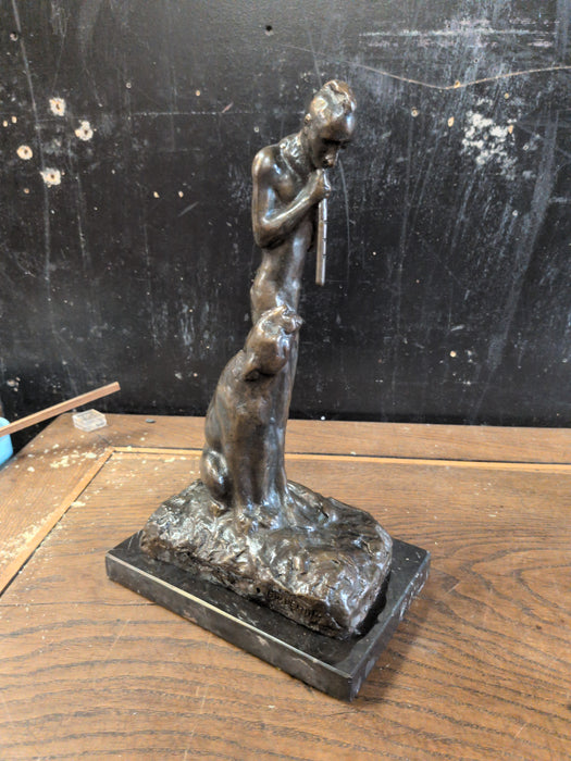 BRONZE STATUE OF AN INDIAN FLUTE PLAYER WITH MOUNTAIN LION SIGNED EDWIN DEMING 38 OF 100