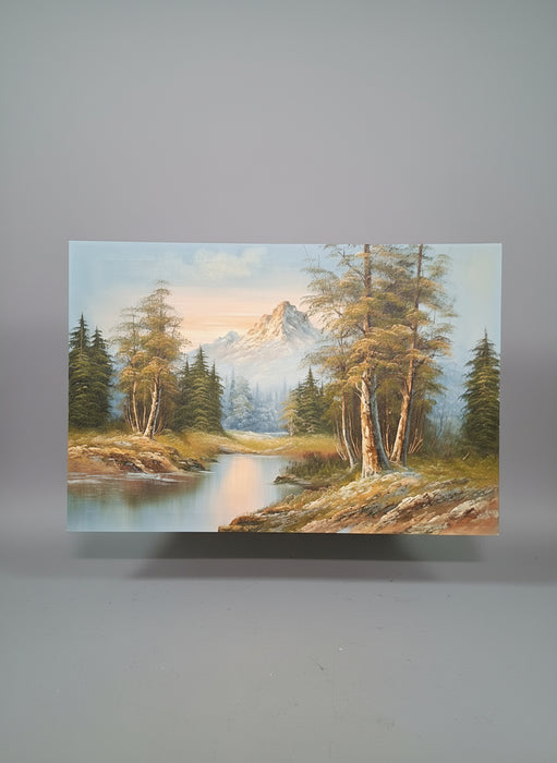 LARGE UNFRAMED LANDSCAPE OIL PAINTING WITH MOUNTAINS, TREES AND A SUNRISE*SIGNED G. WHITMAN