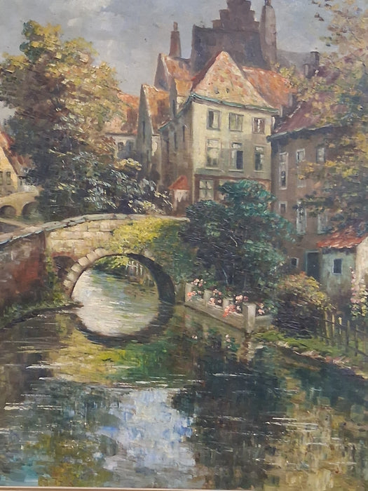 LARGE FRAMED OIL PAINTING OF A CANAL SCENE-AS FOUND