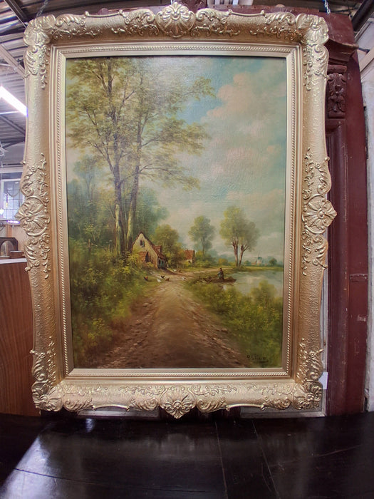 GILT FRAMED OIL PAINTING OF CHICKENS ALONG THE RIVER BANK AN A MAN IN A BOAT