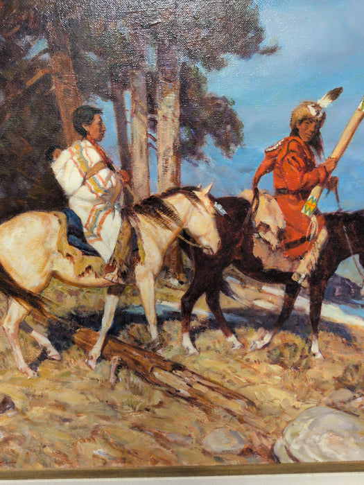 WOOD FRAMED OIL PAINTING OF INDIAN COUPLE ON HORSEBACK - SIGNED GARY KAPP