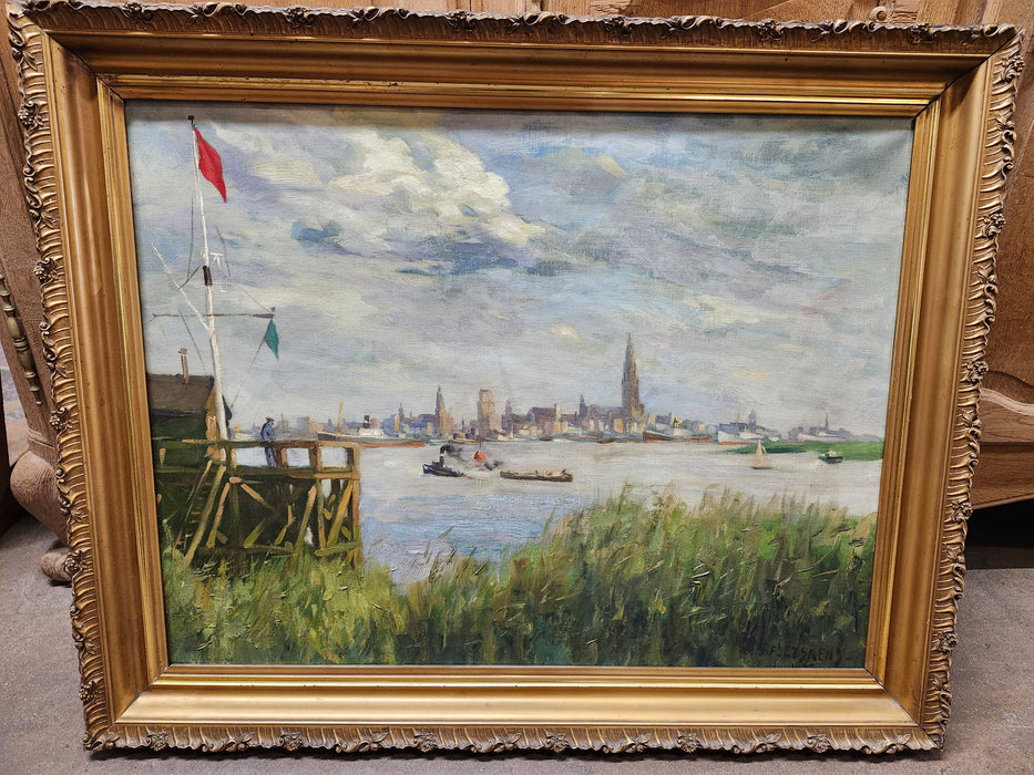 FRAMED  ANTIQUE HARBOR SCENE OIL PAINTING ON CANVAS