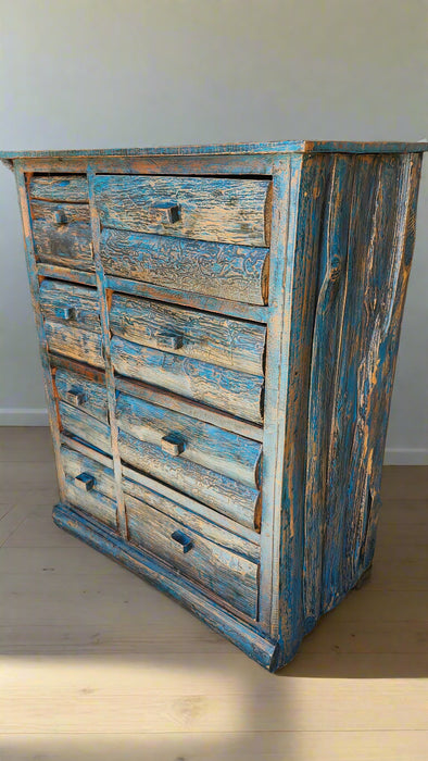 RUSTIC BLUE PAINTED 8 DRAWER CHEST