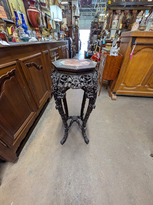 ROSEWOOD ASIAN CARVED MARBLE TOP PLANT STAND