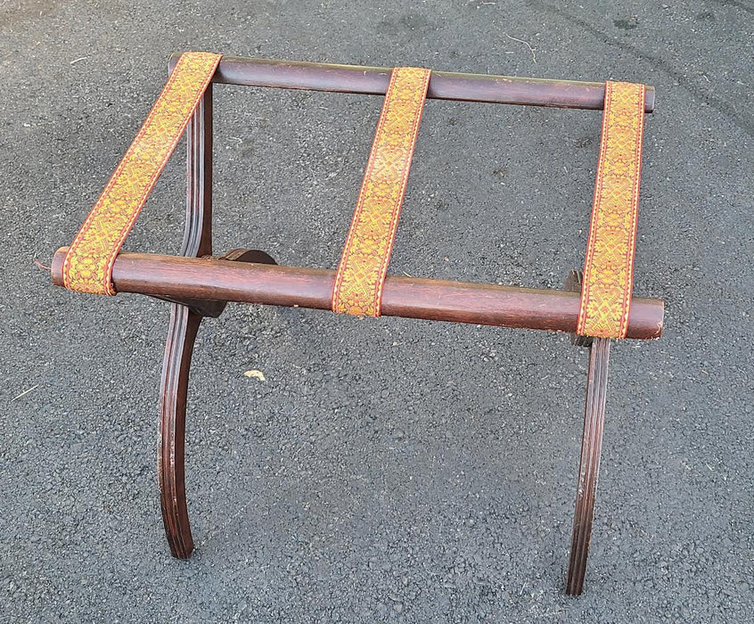 ANTIQUE MAHOGANY FOLDING TRAY OR LUGGAGE HOLDER WITH SILK STRAPS
