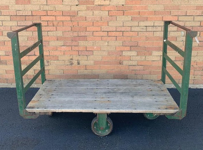 INDUSTRIAL GREEN IRON NUTTING CART WITH OAK FLOOR