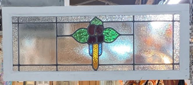 ENGLISH STAINED GLASS TRANSOM WINDOW AS FOUND