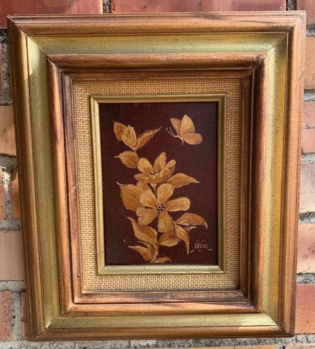 SMALL VINTAGE OIL PAINTING OF BRONZE TONE FLOWERS AND BUTTERFLY