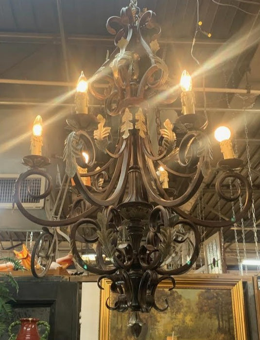 MEDIUM (NOT OLD) IRON CHANDELIER WITH SILVER FOLIATE DETAIL - AS IS MISSING PIECE