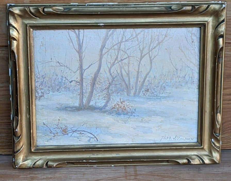SMALL GOLD FRAMED OIL PAINTING OF DESOLATE TREES