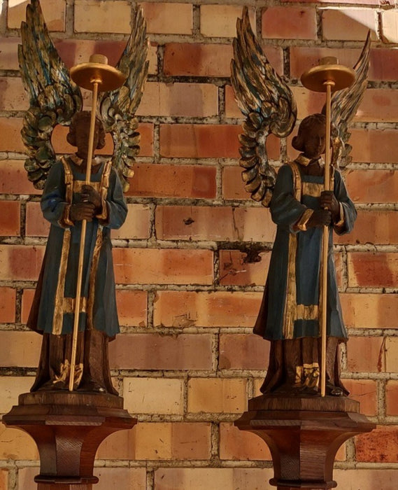 PAIR OF PAINTED CARVED WOOD ANGEL STATUES ON TALL POLES-FROM AN ALTER