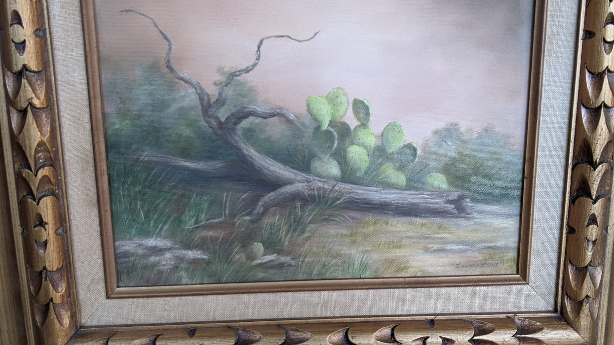 SMALL OIL PAINTING OF PRICKLY PEAR CACTUS AND LOG