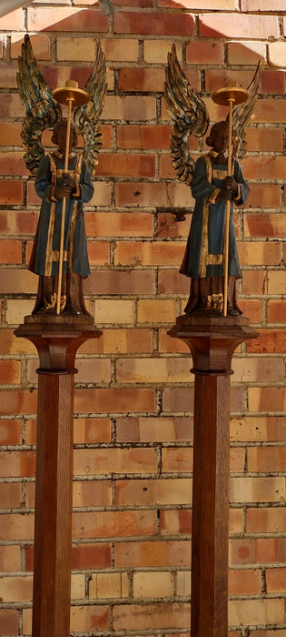 PAIR OF PAINTED CARVED WOOD ANGEL STATUES ON TALL POLES-FROM AN ALTER