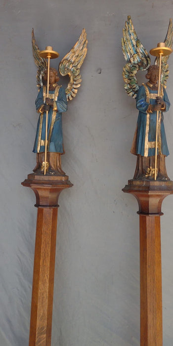 PAIR OF PAINTED CARVED WOOD ANGEL STATUES ON TALL POLES-FROM AN ALTER