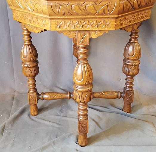 CARVED FRENCH OAK OCTAGON SIDE TABLE