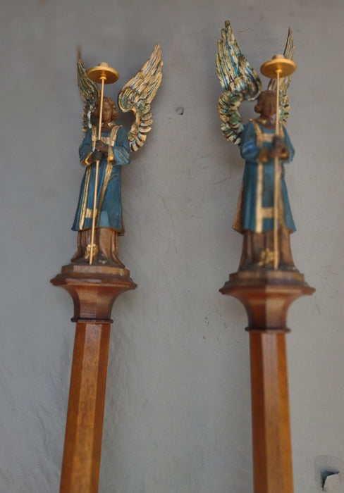 PAIR OF PAINTED CARVED WOOD ANGEL STATUES ON TALL POLES-FROM AN ALTER