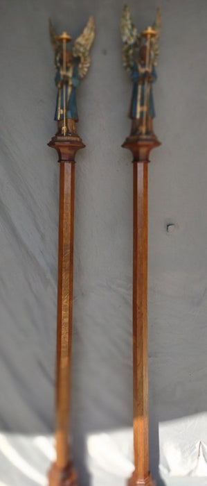 PAIR OF PAINTED CARVED WOOD ANGEL STATUES ON TALL POLES-FROM AN ALTER