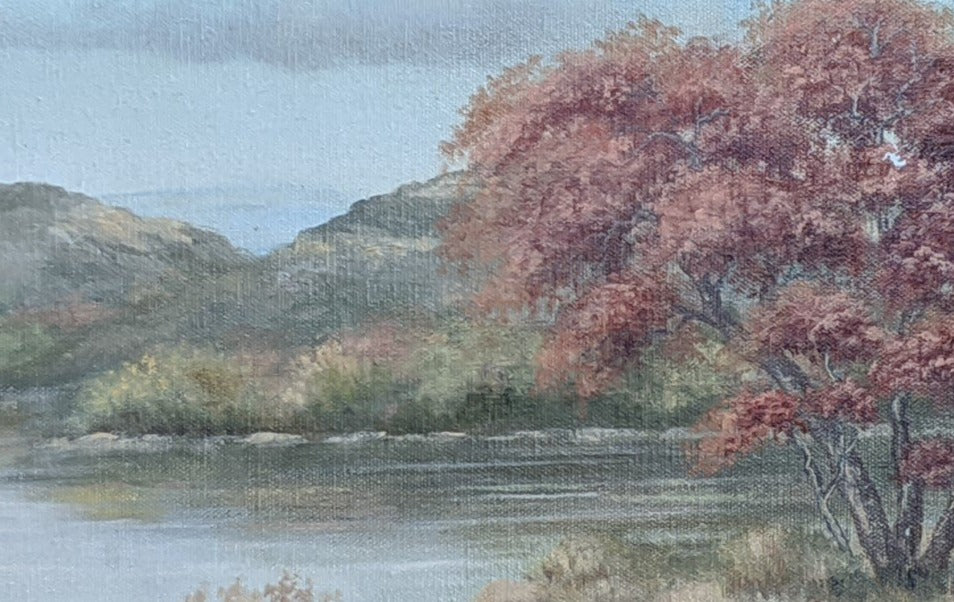 UNFRAMED LANDSCAPE OIL PAINTING OF TREE BY LAKE AND MOUNTAINS