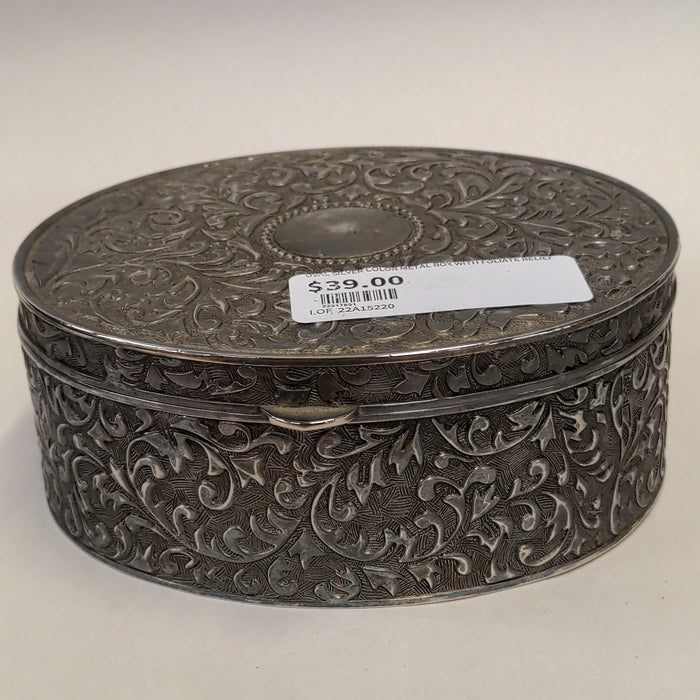OVAL SILVER COLOR METAL BOX WITH FOLIATE RELIEF