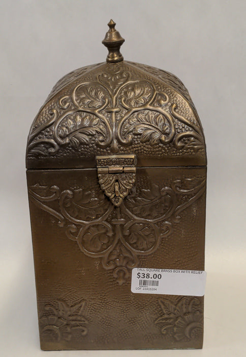 TALL SQUARE BRASS BOX WITH RELIEF