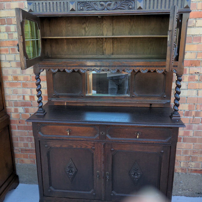 2 PIECE JACOBEAN BARLEY TWIST ENGLISH BUFFET WITH UPPER GLASS DOORS