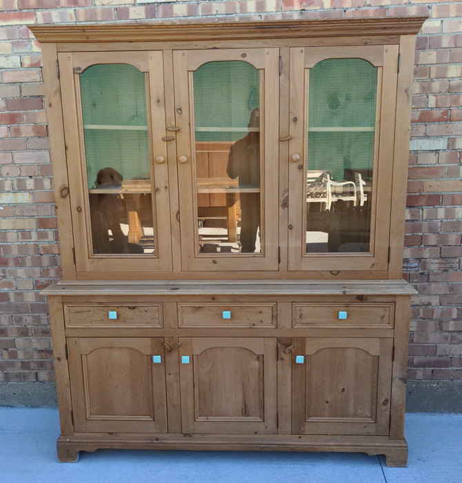 2 PIECE PINE CABINET WITH 3 GLASS UPPER DOORS