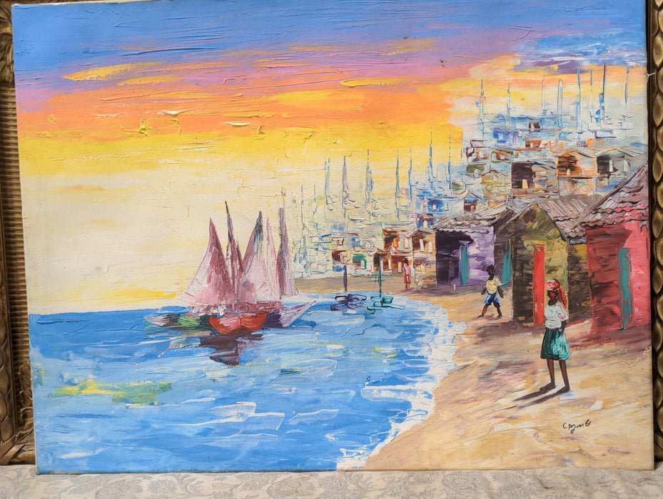 HAITIAN HARBOR SCENE ACRYLIC ON CANVAS PAINTING