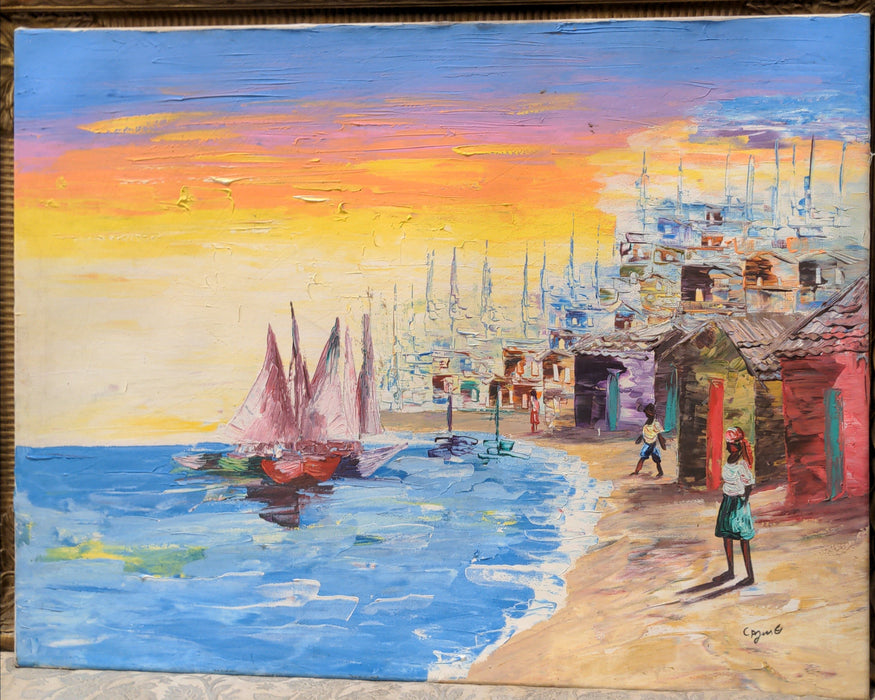 HAITIAN HARBOR SCENE ACRYLIC ON CANVAS PAINTING