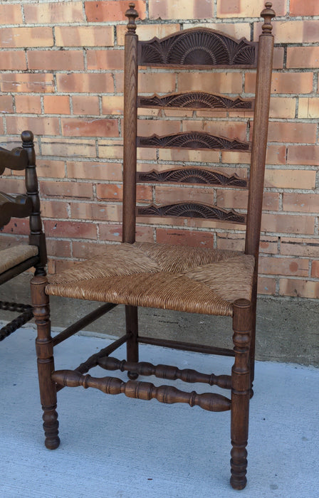 CHIP CARVED LADDER BACK OAK SIDE CHAIR WITH RUSH SEAT