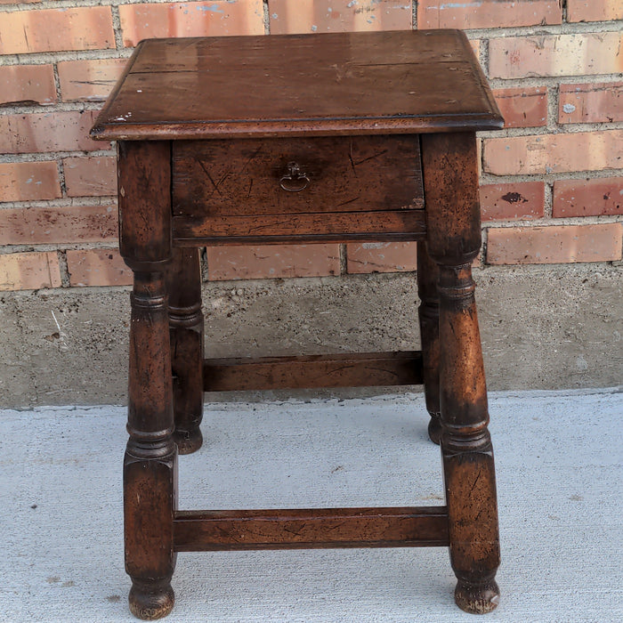 RUSTIC STAND WITH DRAWER AND TURNED LEGS AND PEGS