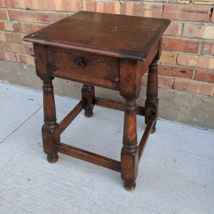 RUSTIC STAND WITH DRAWER AND TURNED LEGS AND PEGS