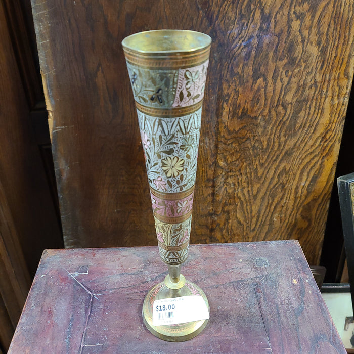 TALL BRASS INDIAN VASE WITH COLOR INSCISED  #2