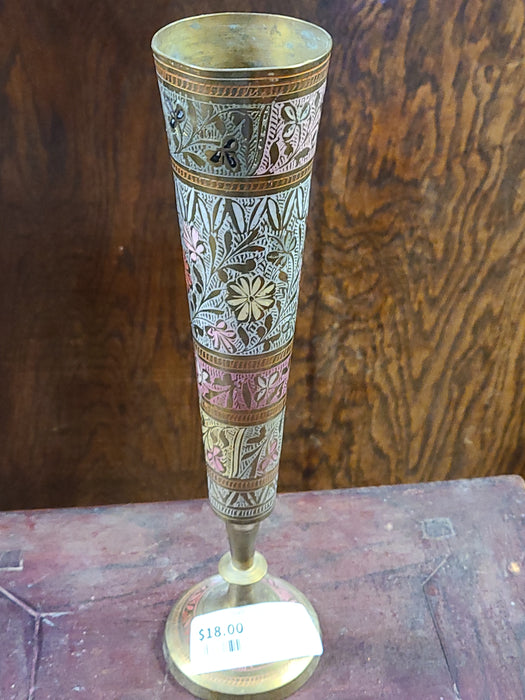 TALL BRASS INDIAN VASE WITH COLOR INSCISED  #2