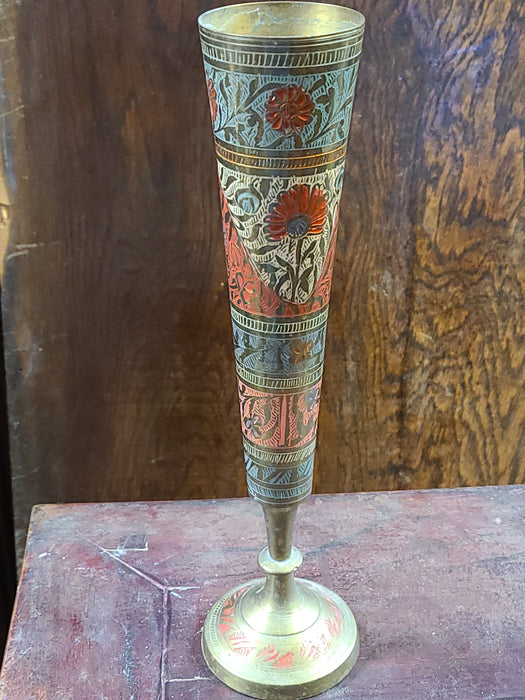 TALL BRASS INDIAN VASE WITH COLOR INCISED